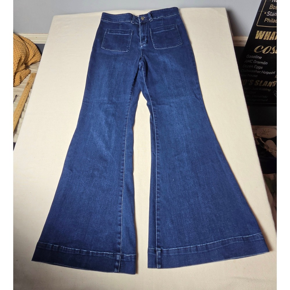 Maeve Anthropologie High Rise Flare Jeans Dark Wash Patch Pocket Size 30